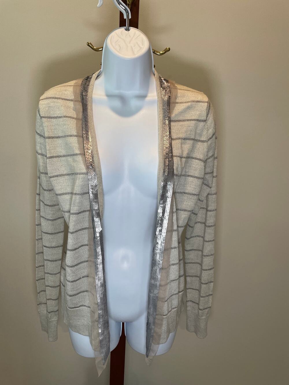 Loft Open Front Cardigan Wool Mohair Blend Light Gray Silver Stripe Sequin Sz M
